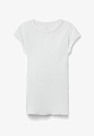 Weißes kurzärmeliges, geripptes T-Shirt mit Rundhalsausschnitt, flach auf weißem Hintergrund liegend, zeigt die Vorderseite und einen einfachen, legeren Stil.