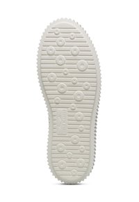 Suola di scarpa in gomma bianca con battistrada circolare e ovale, caratterizzata da scanalature orizzontali e un bordo seghettato per una migliore aderenza.