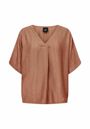 Laza szabású, rövid ujjú rozsdabarna blúz V-nyakkivágással és finom, függőleges csíkos textúrával, az elején, a nyakkivágás alatt középen tűzött redővel.