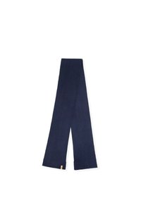 Granatowy prążkowany szalik wykonany z miękkiej tkaniny; posiada proste końce oraz małą skórzaną metkę z marką na jednym końcu.