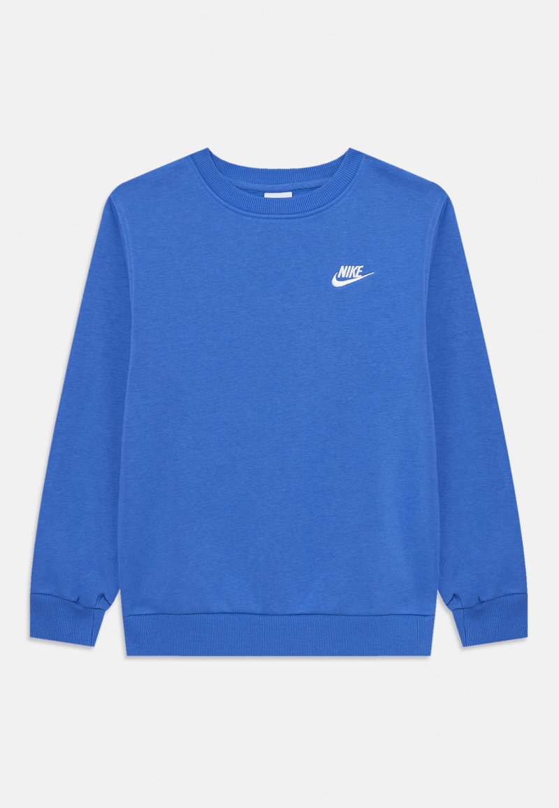 Sweatshirt azul de gola redonda feito de um tecido suave. Apresenta punhos e bainha canelados, com um logo branco da Nike no lado esquerdo do peito.