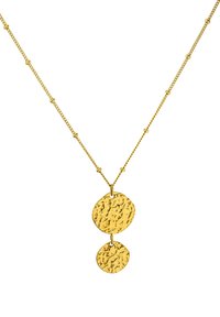 Goldkette mit zwei gehämmerten runden Anhängern in unterschiedlichen Größen, an einer feinen Kette mit kleinen Perlenakzenten aufgehängt.