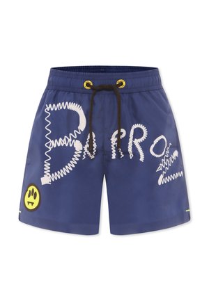 Shorts da nuoto navy realizzati in tessuto leggero, con testo bianco ondulato e una grafica di faccina sorridente gialla sulla gamba sinistra. Chiusura con coulisse marrone.