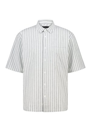 Lyhythihainen nappipaitakuvio, jossa on vaalea harmaa tausta ja vuorottelevia tummanharmaita pystysuoria raitoja. Paidassa on rintatasku ja tavanomainen kaulus.