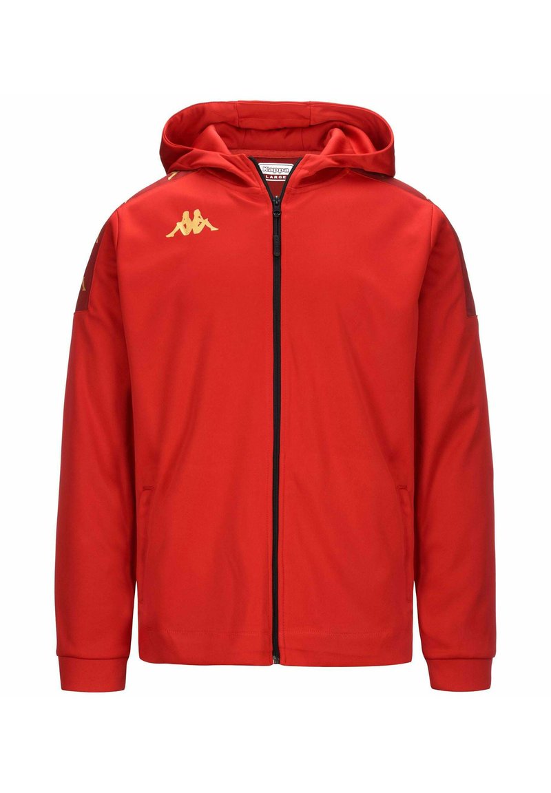 Rode zip-up hoodie van lichtgewicht materiaal, met een capuchon, zwarte rits en een gouden logo op de linkerborst. Lange mouwen met gebreide boorden.