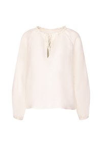 Blusa bianca realizzata in tessuto leggero, con scollatura tonda bordata da volant e apertura a goccia, maniche lunghe con polsini elasticizzati.
