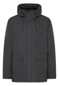 Herre mørk grå parka jakke med hette og snorer, trykknapplukking og to frontlommer med klaffer. Glatt tekstur, vanntett materiale.