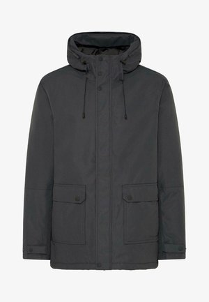 Miestna tmavosivá parka bunda má kapucňu s šnúrkami, zapínanie na patentky a dve predné vakové vrecká. Hladká textura, vodoodolný materiál.
