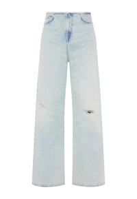 Hellblaue, weit geschnittene Jeans aus Denim. Verfügt über aufgerissene Knie, klassisches 5-Taschen-Design, hohe Taille und einen geraden Schnitt mit verblasster Textur.