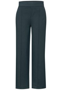 Dunkelgraue weite Hosen aus einem glatten Stoff, mit elastischem Bund und zwei vorderen Taschen. Mit dezentem Nähen entlang der Beine.