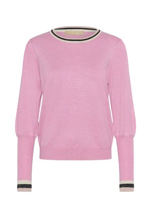 Pull rose avec manches longues bouffantes, poignets côtelés ornés de rayures noires et blanches, encolure ronde et tissu tricoté texturé.