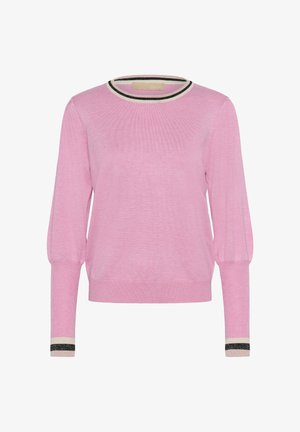 Pink sweater with long, puffed sleeves, ribbed cuffs featuring black and white stripes, round neckline, and textured knit fabric.