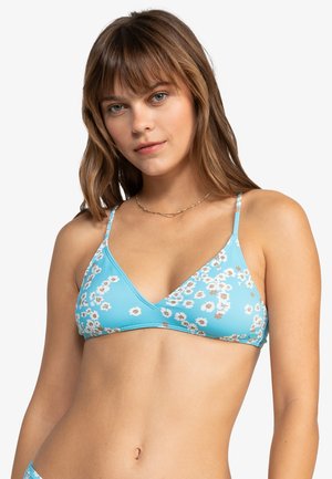 Modrý kvetinový bikiny top s trojuholníkovým dizajnom, tenkými ramienkami, jemným vypchávkami a hladkým povrchom s bielymi a hnedými kvetinovými vzormi.