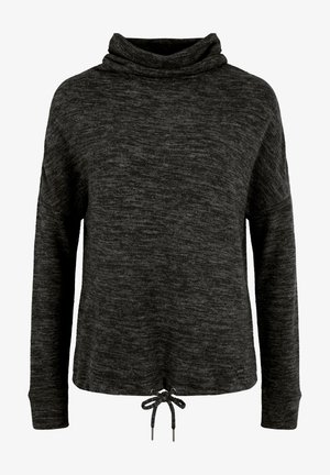 Mørkegrå sweater med cowl-hals, lange ærmer og snøre i kanten for justerbar pasform. Blødt, tekstureret stof.