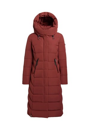 Langer rostrote gesteppter Puffer-Mantel mit großer Kapuze, Frontreißverschluss und zwei seitlichen Reißverschlusstaschen, entworfen für kaltes Wetter.