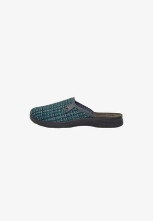 Pantofole da uomo slip-on con tomaia in tessuto a quadri verdi e grigi e suola nera, progettate per il comfort indoor.