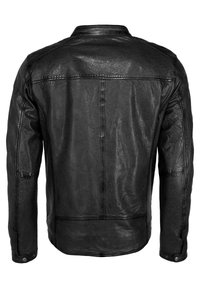 Zwarte leren jas met een gestructureerde afwerking, voorzien van een gestructureerde kraag, naaddetails en knoopsluitingen op de mouwen.