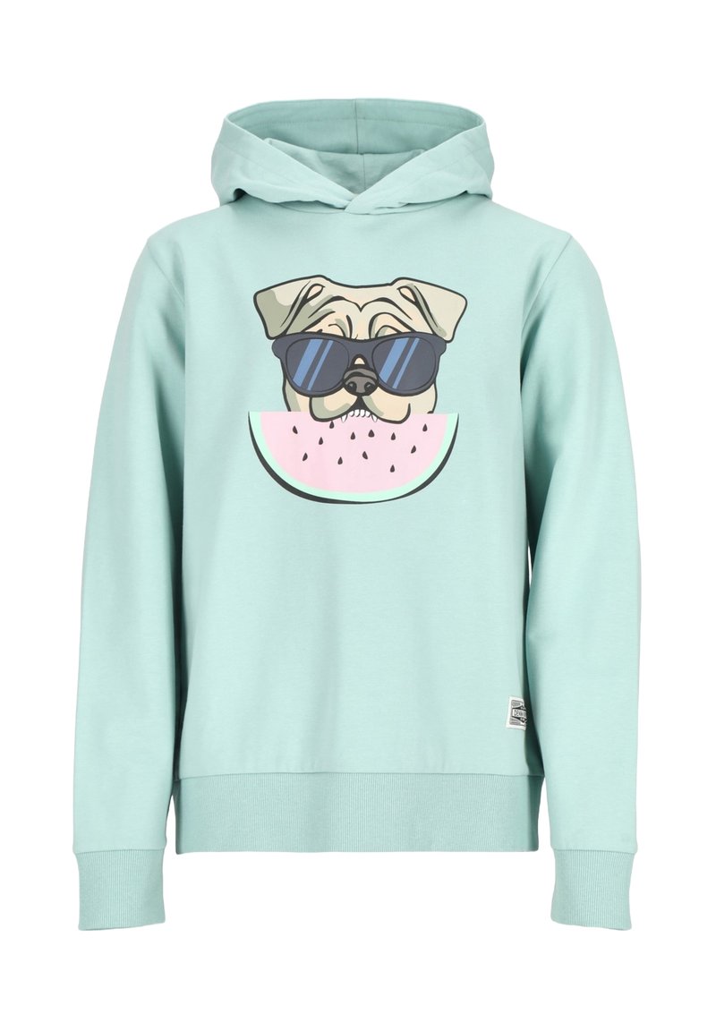 Felpa verde menta con cappuccio, caratterizzata da un pug animate che indossa occhiali da sole e tiene in mano una fetta di anguria, con polsini e orlo a coste.
