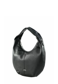 Schwarze Leder-Hobo-Tasche mit glatter Textur, geschwungener Silhouette, Reißverschluss und einem Logo-Akzent auf der Vorderseite. Verstellbarer Schulterriemen.