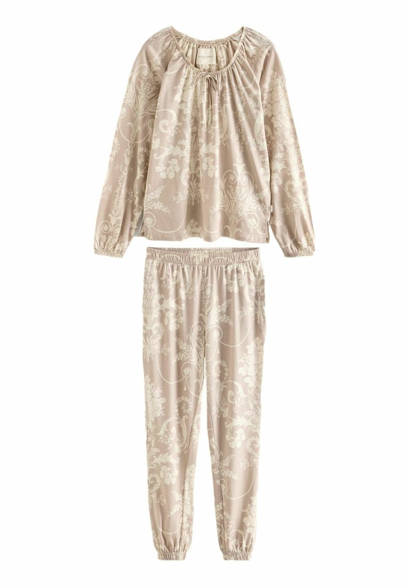 Lichtbeige loungewear set met een top met lange mouwen en een geplooide halslijn, en bloemenpatroon broek met een elastische tailleband en mouwen.