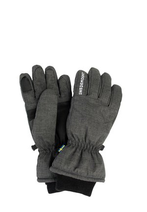 Gray insulated gloves with elastic cuffs, textured fabric, and black leather palms. Features text "SWEDEMOUNT" and a small Swedish flag.