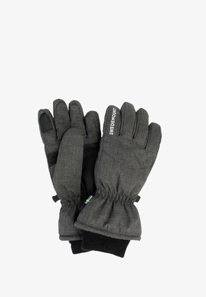 Gray insulated gloves with elastic cuffs, textured fabric, and black leather palms. Features text "SWEDEMOUNT" and a small Swedish flag.