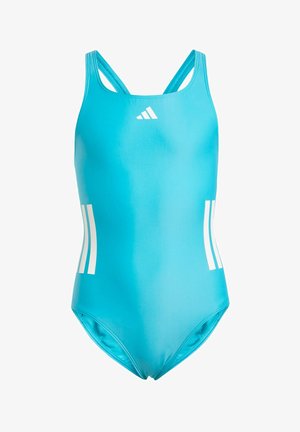 Maillot de bain une pièce bleu clair avec des bretelles fines, arborant le logo blanc d'Adidas et trois bandes blanches verticales de chaque côté. Texture lisse.