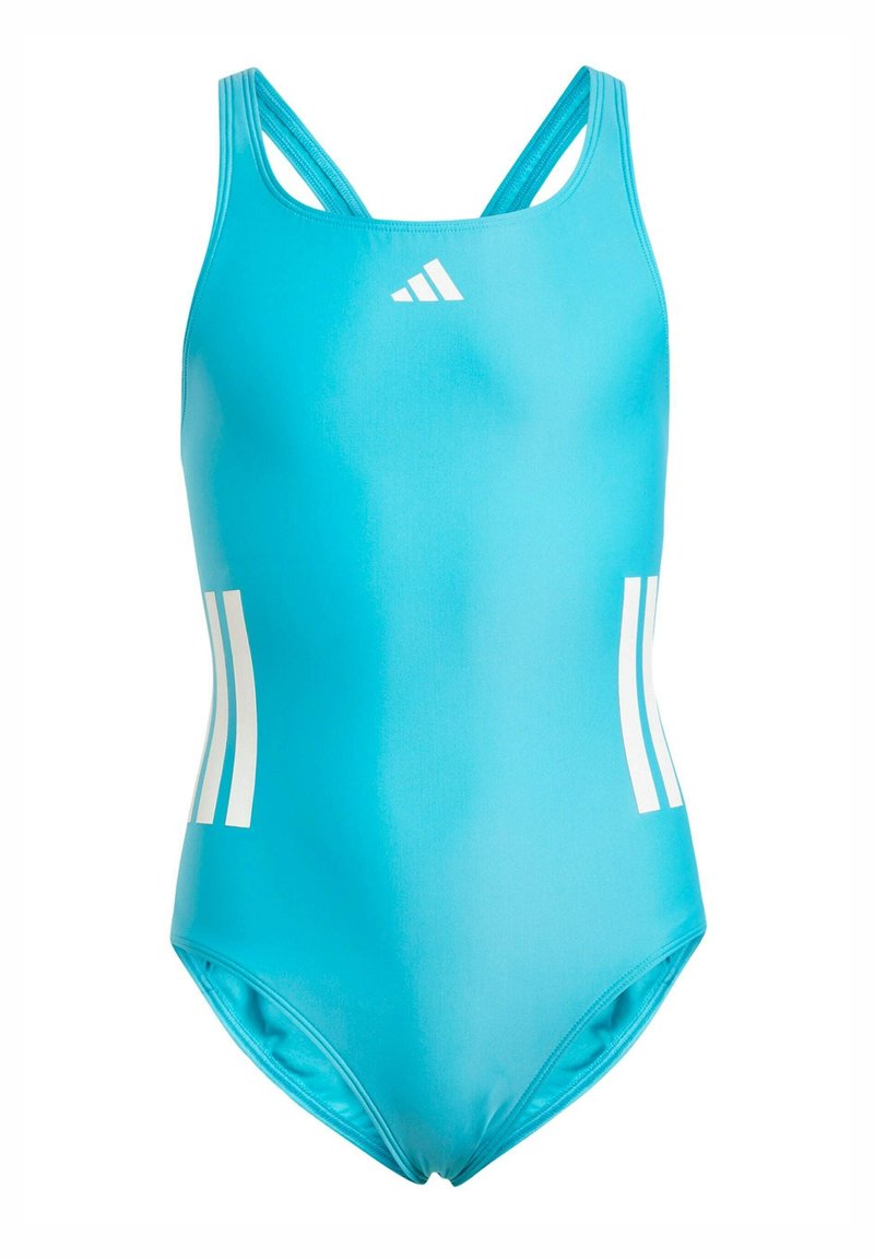 Maillot de bain une pièce bleu clair avec des bretelles fines, arborant le logo blanc d'Adidas et trois bandes blanches verticales de chaque côté. Texture lisse.