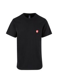 Sort bomulds t-shirt med korte ærmer, rund halsudskæring og et lille rødt grafisk emblem på venstre brystområde. Enkel design.