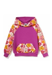 Fioletowa bluza z kapturem z kwiatowymi różowo-pomarańczowo-żółtymi wzorami na rękawach, podszewce kaptura i przedniej kieszeni, ułożona płasko na białym tle.