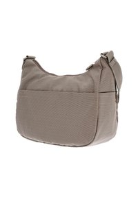 Borsa a spalla in tessuto marrone e texture, con forma curvata, tracolla regolabile e tasca esterna con zip, caratterizzata da cuciture tonali e dettagli in metallo.
