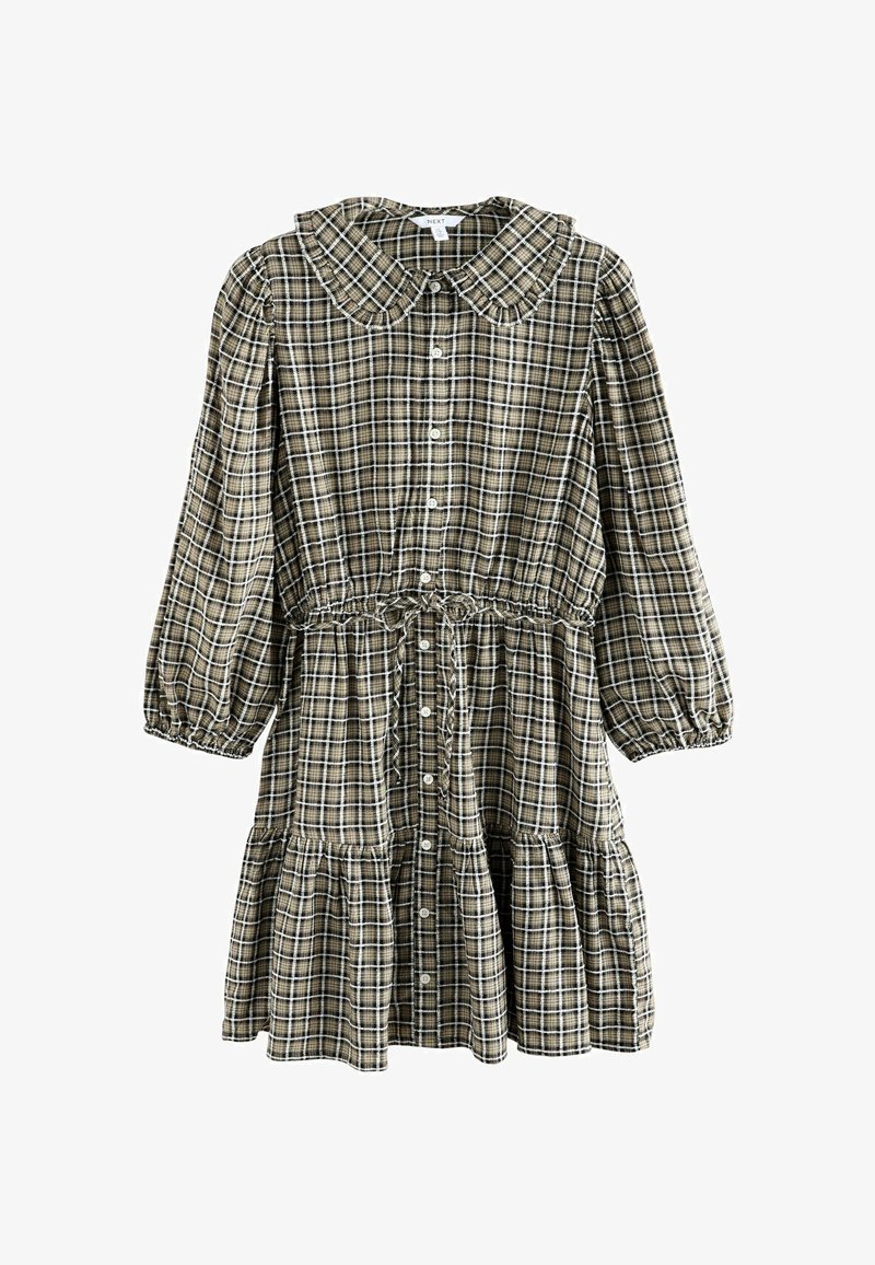 Abito a quadri marroni con colletto Peter Pan, maniche lunghe a sbuffo, chiusura con bottoni frontale e vita elasticizzata. Presenta un design a gonne a strati.