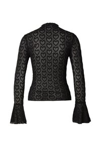 Top nero a maniche lunghe caratterizzato da tessuto in pizzo trasparente con motivo a cuori, collo alto e maniche svasate. Design strutturato e leggero.