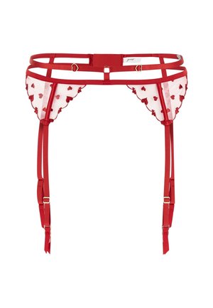 Czerwony pas do pończoch z podwójnymi paskami, panelami z siateczki haftowanymi małymi czerwonymi serduszkami, regulowanymi szelkami i złotym okuciem.