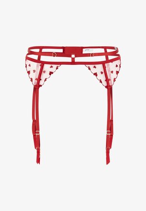 Cintura di reggicalze rossa con doppie cinghie, pannelli in rete ricamati con piccoli cuori rossi, reggicalze regolabili e accessori in ottone dorato.