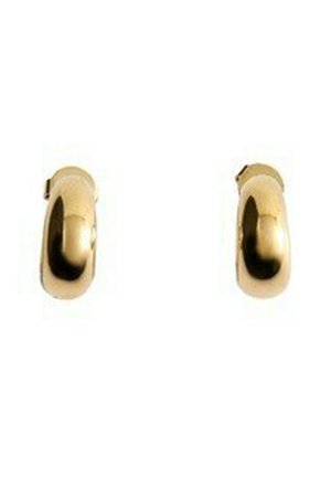 Pereche de cercei tip cerc din aur neted și lucios, cu un design rotunjit și gros, prevăzuți cu închidere tip clips, pe un fundal alb.