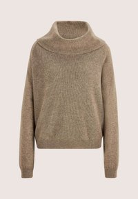 Taupe ribbel brei trui met lange mouwen en een brede, gevouwen col, weergegeven op een effen achtergrond.