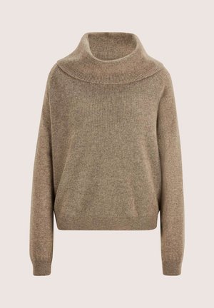 Taupe ribbed knit sweater with long sleeves and a wide, folded turtleneck collar, displayed on a plain background.
