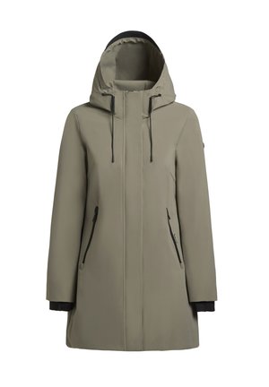 Giacca lunga con cappuccio di un verde oliva chiaro con dettagli neri. Presenta una chiusura a zip frontale, due tasche laterali e una texture morbida.