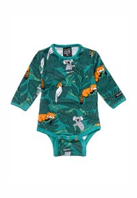 Långärmad bodysuit i teal med djur- och växttryck. Har tryckknappar i botten och rund hals. Tillverkad av mjuk bomull.