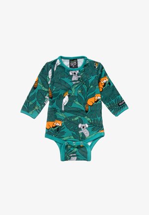 Long-sleeve bodysuit in teal with animal and foliage prints. Features snap closures at the bottom and a round neck. Made from soft cotton.