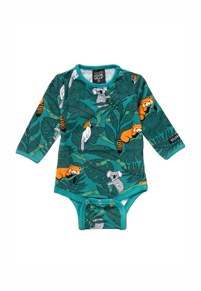 Långärmad bodysuit i teal med djur- och växttryck. Har tryckknappar i botten och rund hals. Tillverkad av mjuk bomull.