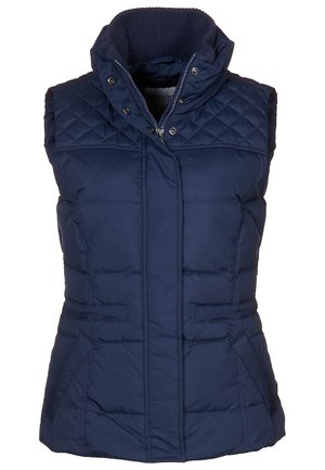 Veste sans manches matelassée bleu marine avec col montant, zip frontal, boutons pression et deux poches avant.