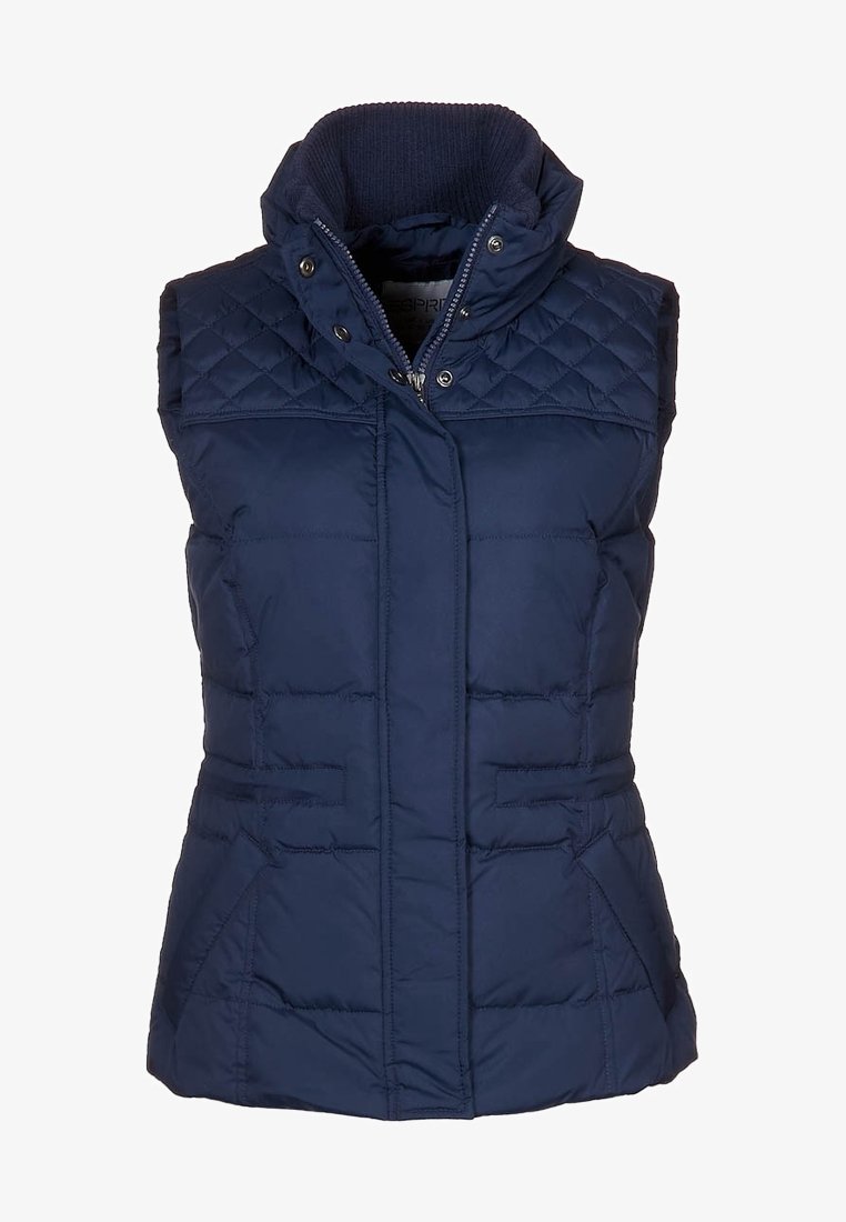 Veste sans manches matelassée bleu marine avec col montant, zip frontal, boutons pression et deux poches avant.