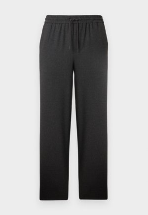 Pantaloni neri con vita elastica e cordoncino. Realizzati in un tessuto morbido, hanno un taglio dritto e una texture minimale. Nessuna tasca visibile.