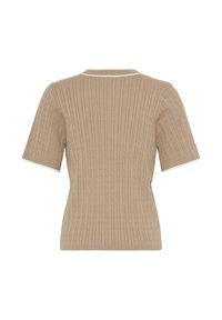 Béžový krátky pletený sveter s krátkymi rukávmi, s vrkočovým vzorom, rebrovanými lemami a bielym lemovaním na rukávoch a výstrihu, zobrazený zozadu.