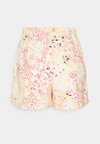 Shorts floraux en tissu léger avec une palette de couleurs pastel, présentant des motifs floraux rose, jaune et noir, et une taille élastique.