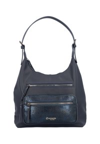 Sac à main en cuir bleu avec une finition texturée, doté de deux poches zippées à l'avant et d'un panneau d'accent lisse et brillant. Bretelle ajustable.