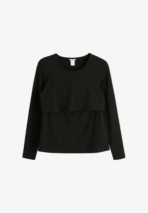 Top noir à manches longues en tissu lisse, présentant un design superposé avec un col rond et une coupe légèrement ample.