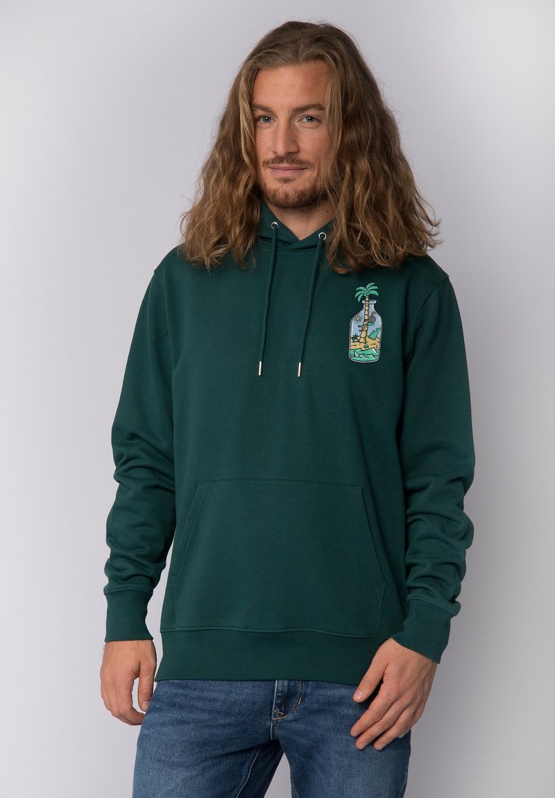 Dunkelgrüner Kapuzenpullover aus Baumwollmischung, mit einer Kängurutasche und einem Palmenbaum-Graphic auf der linken Brust.